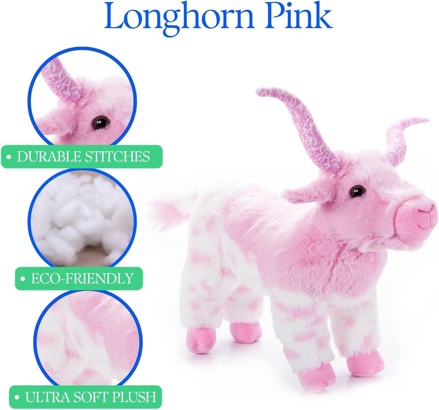 image:imageThe Petting Zoo Longhorn Stuffed Animal Plushie Gifts for Kids Wild Onez Wildlife Animals Pink Longhorn Plush Toy 12 inches