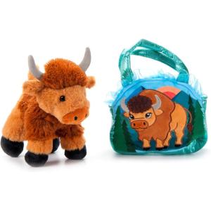 The Petting Zoo Bison Stuffed Animal Plushie and Purse Set, Gifts for Kids, Wildlife Animal Toy, Brown Bison Plush Toy and Purse Pet Carrier