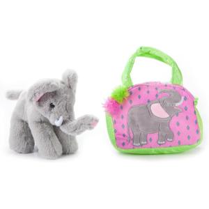 The Petting Zoo Elephant Stuffed Animal Plushie and Purse Set, Gifts for Kids, Wildlife Animal Toy, Gray Elephant Plush Toy and Purse Pet Carrier