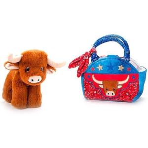 The Petting Zoo Longhorn Stuffed Animal Plushie and Purse Set, Gifts for Kids, Wildlife Animal Toy, Brown Longhorn Plush Toy and Purse Pet Carrier