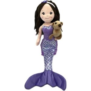 The Petting Zoo Mermaid Doll with Sea Lion Stuffed Animal- Great Gifts for Girls, Mermaid Plush Doll with Sea Lion Plush Toy, 17 inch (African American)(Brunette)
