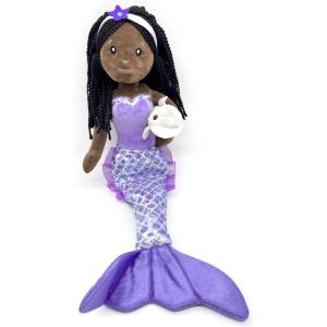The Petting Zoo Mermaid Doll with Dolphin Stuffed Animal- Great Gifts for Girls, Mermaid Plush Doll with Dolphin Plush Toy, 17 inch (African American)
